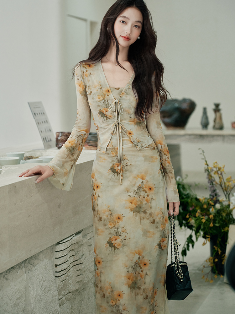 Sling outside the ride dress painting cardigan 2pcs set