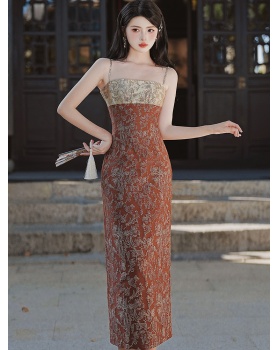 Pinched waist retro strap dress slim jacquard dress