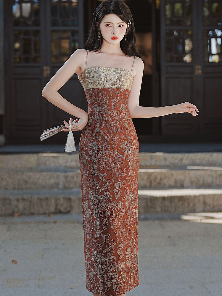 Pinched waist retro strap dress slim jacquard dress
