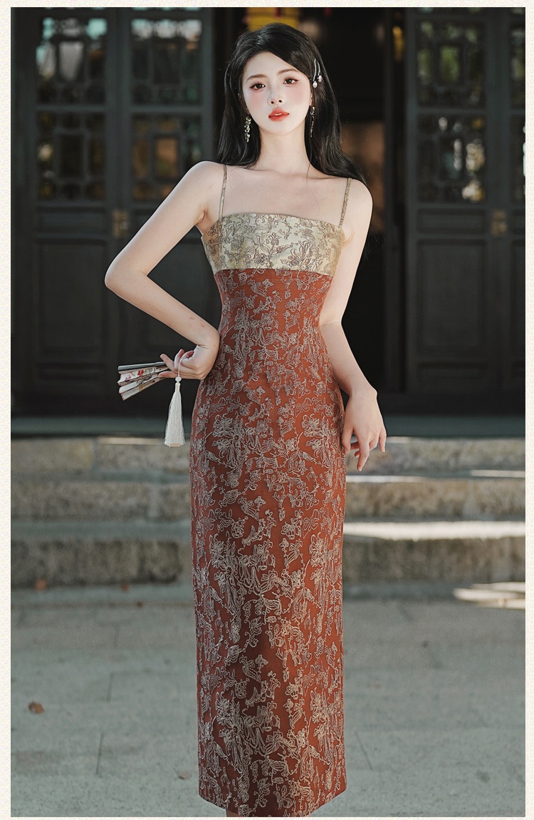Pinched waist retro strap dress slim jacquard dress