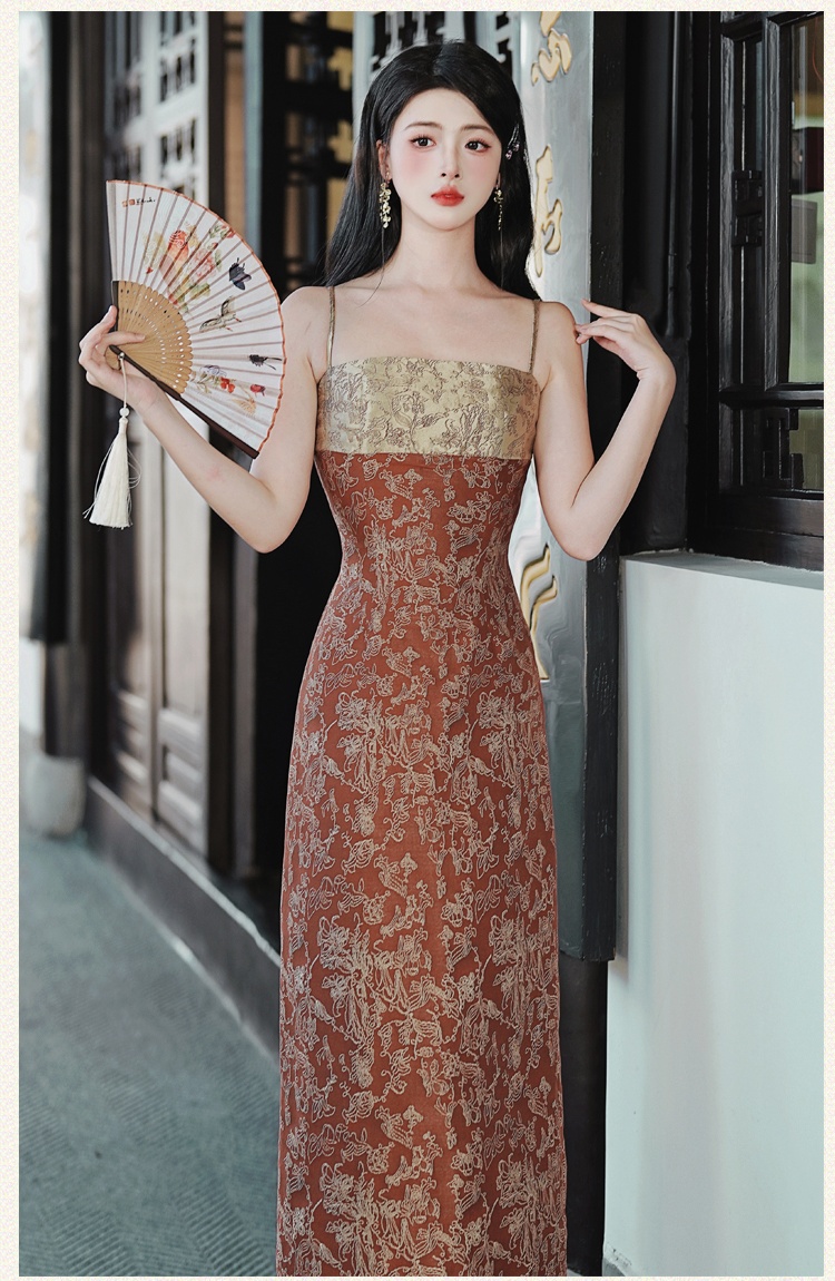 Pinched waist retro strap dress slim jacquard dress