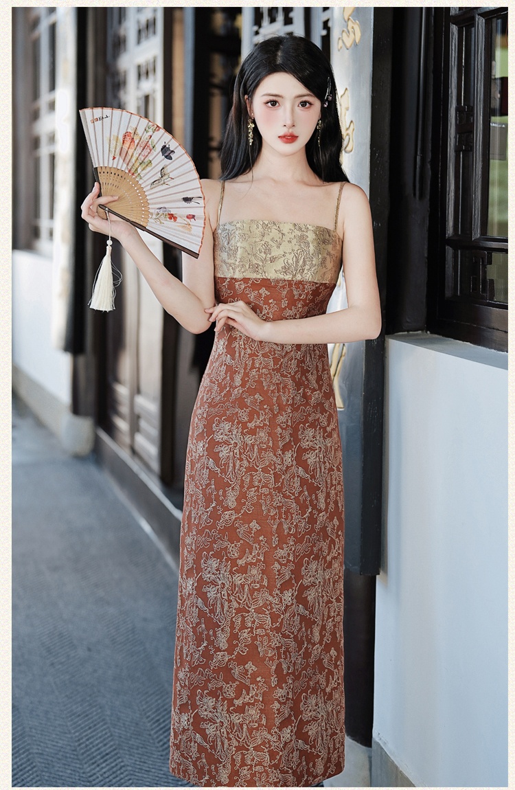 Pinched waist retro strap dress slim jacquard dress
