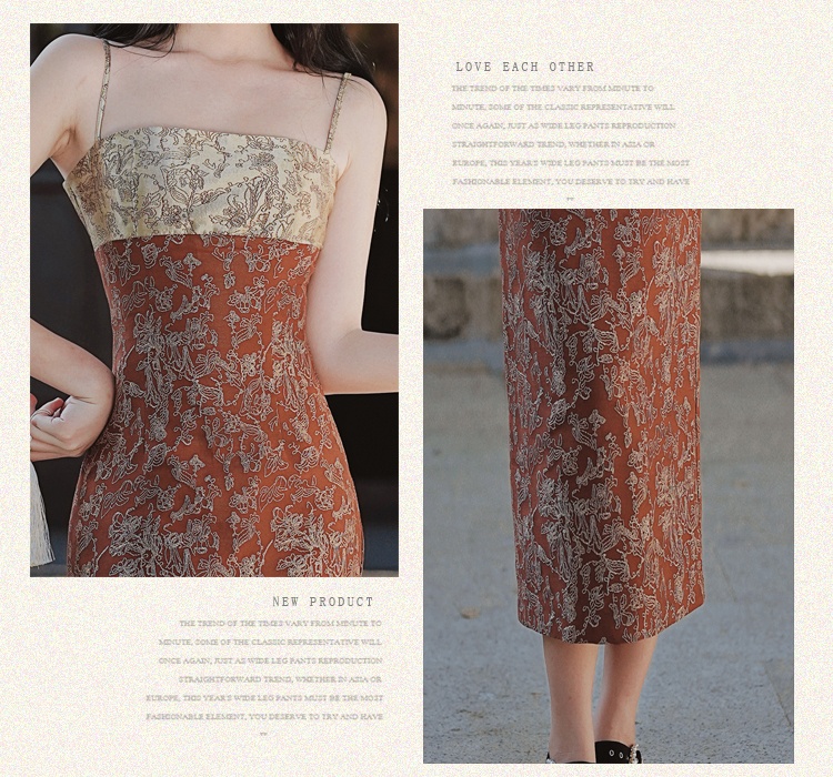 Pinched waist retro strap dress slim jacquard dress
