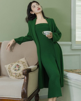 Wrapped chest dress long cardigan 2pcs set for women