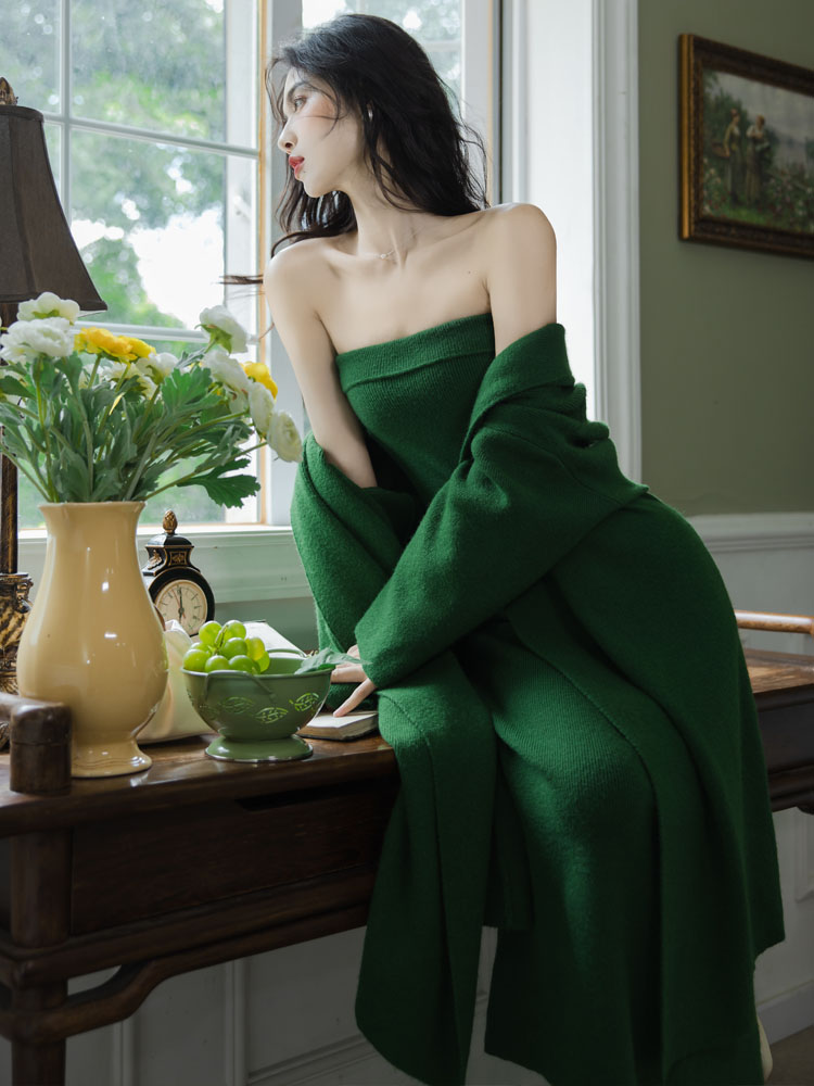 Wrapped chest dress long cardigan 2pcs set for women