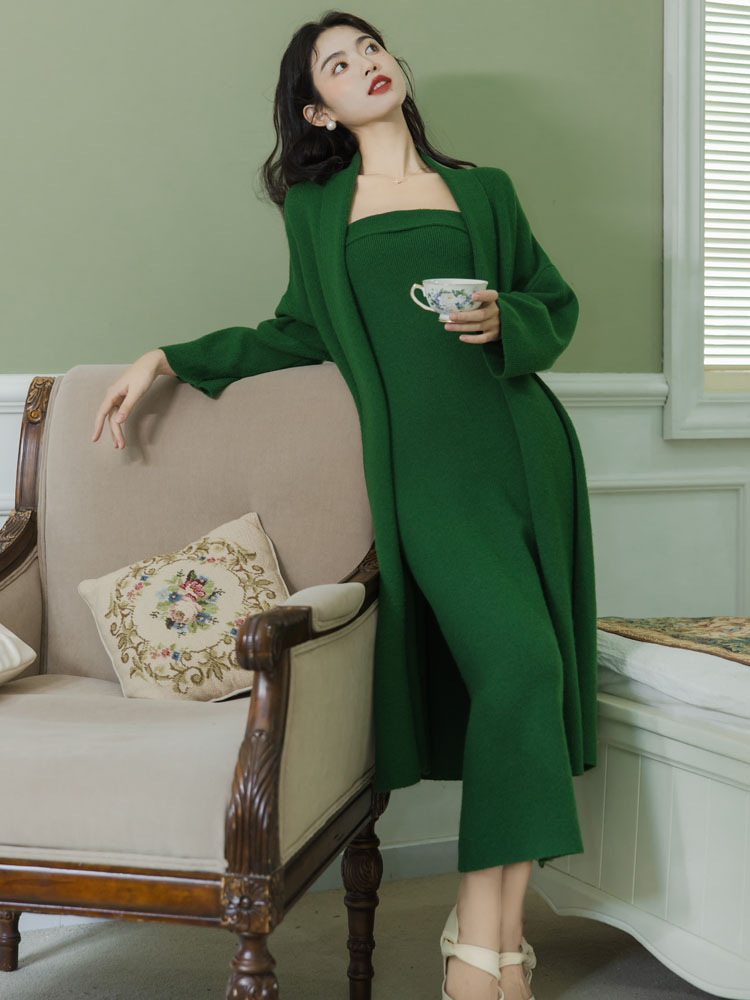 Wrapped chest dress long cardigan 2pcs set for women