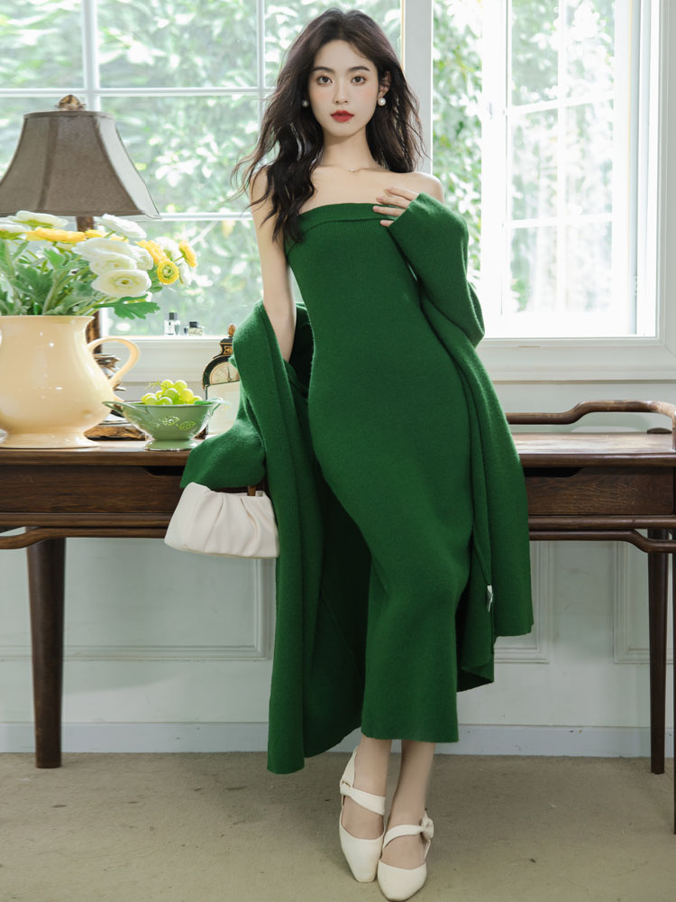 Wrapped chest dress long cardigan 2pcs set for women