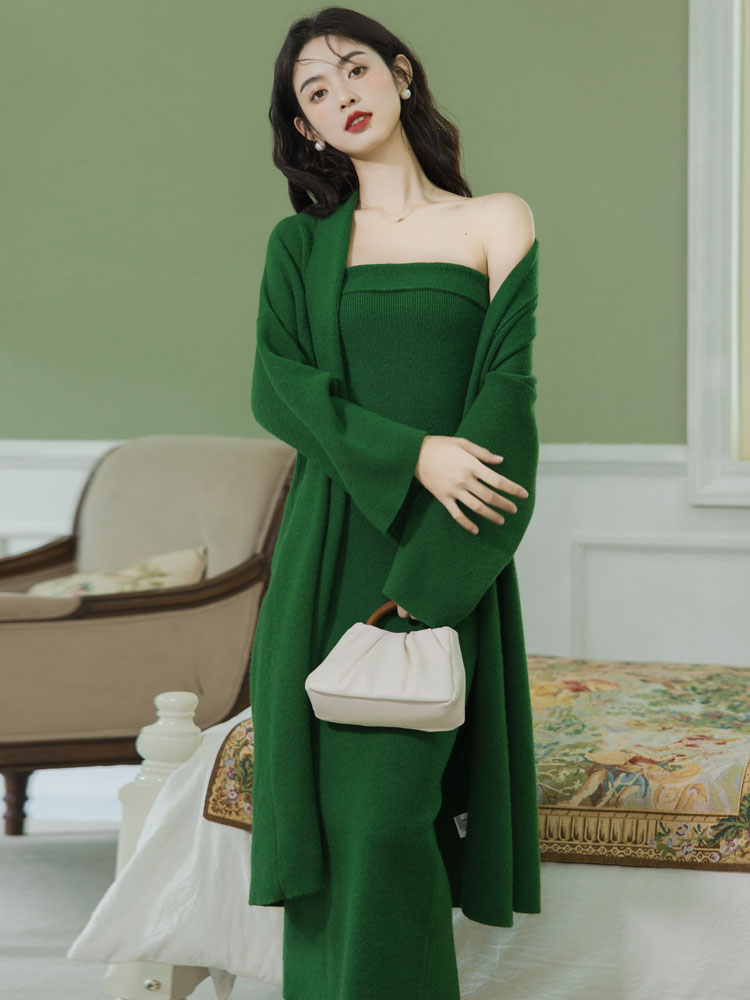 Wrapped chest dress long cardigan 2pcs set for women
