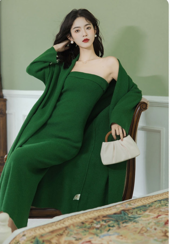 Wrapped chest dress long cardigan 2pcs set for women