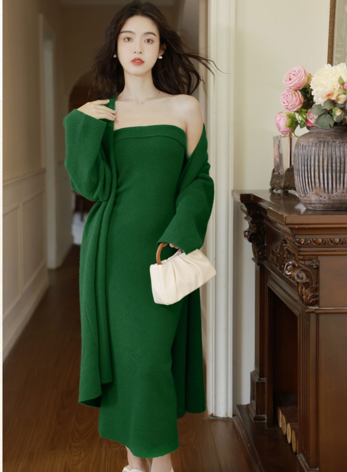 Wrapped chest dress long cardigan 2pcs set for women