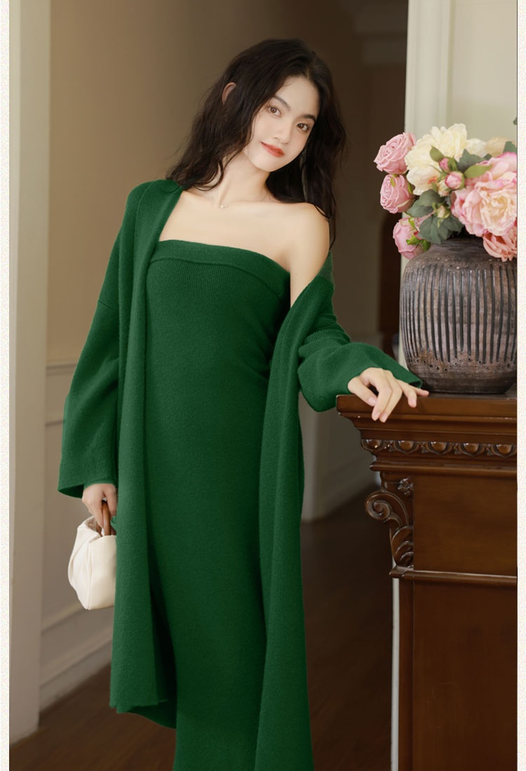 Wrapped chest dress long cardigan 2pcs set for women