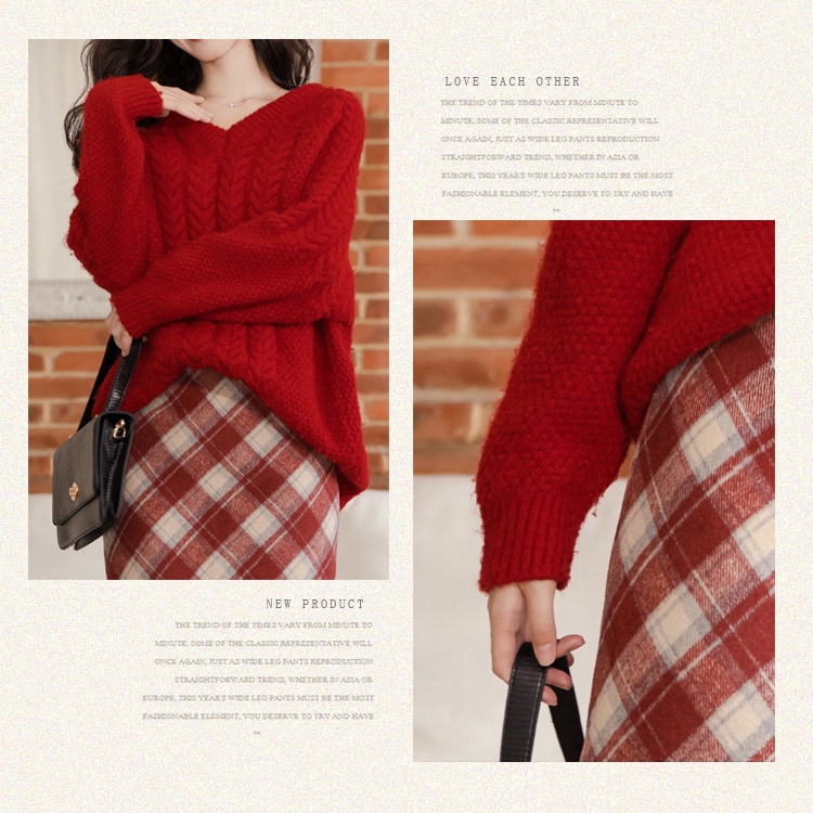 Twist knitted loose sweater lazy red V-neck skirt a set