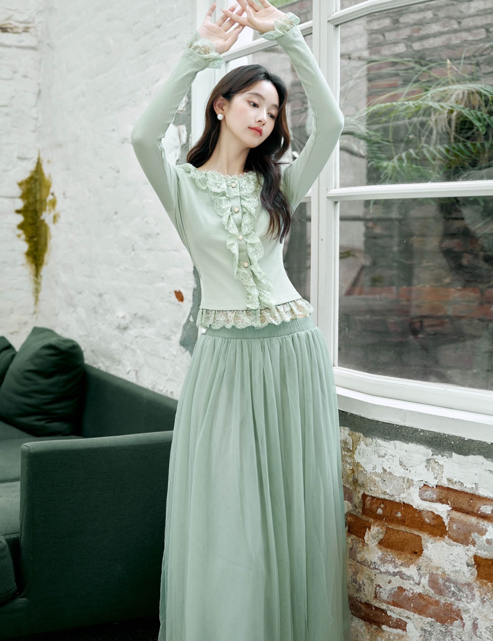 Lotus leaf edges lace France style splice skirt 2pcs set