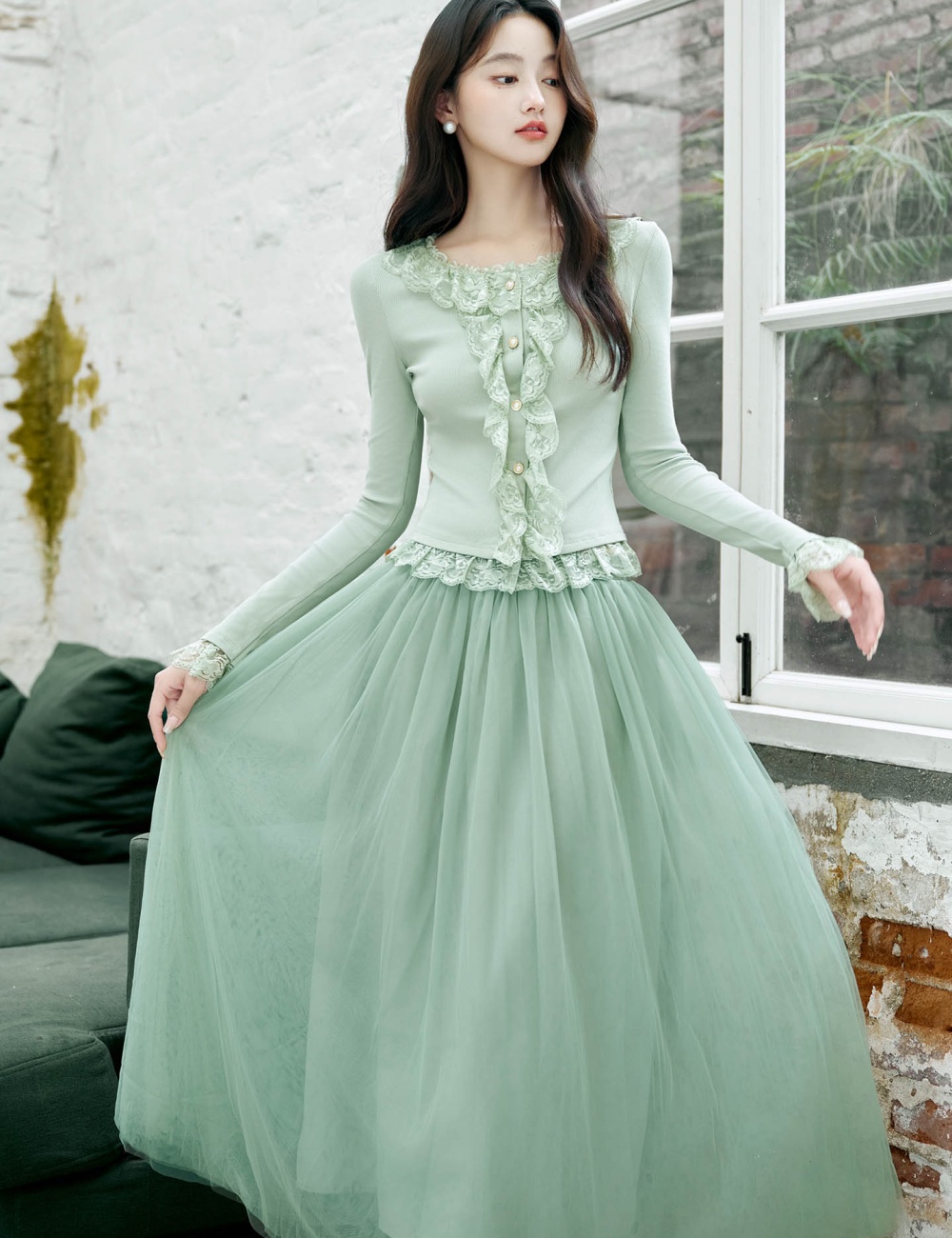 Lotus leaf edges lace France style splice skirt 2pcs set