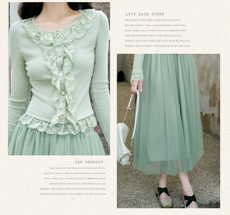 Lotus leaf edges lace France style splice skirt 2pcs set