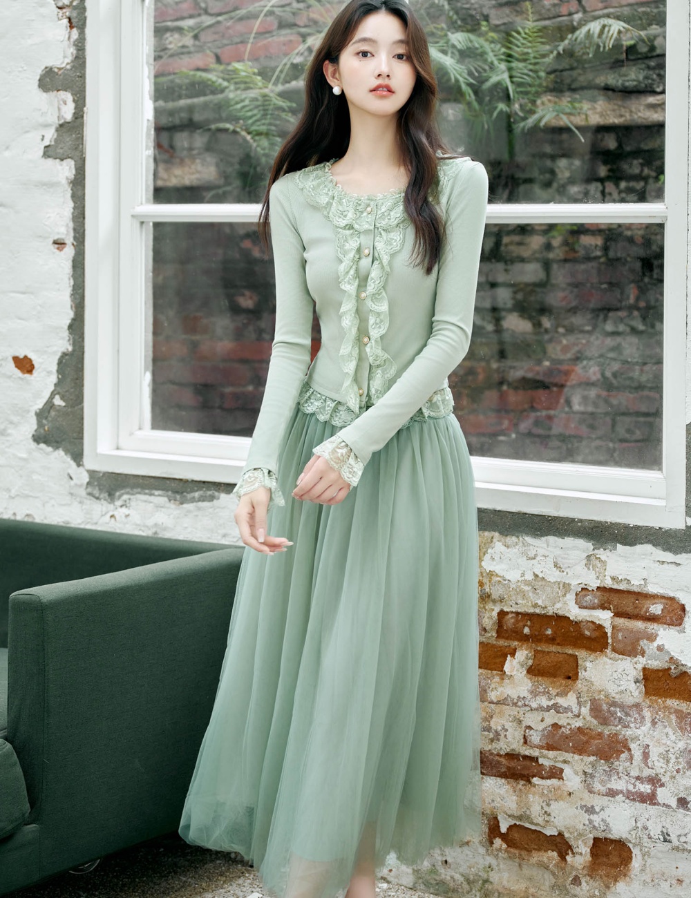Lotus leaf edges lace France style splice skirt 2pcs set