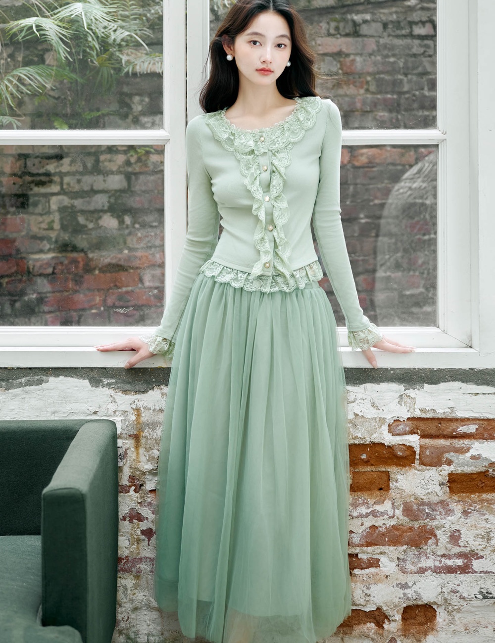 Lotus leaf edges lace France style splice skirt 2pcs set