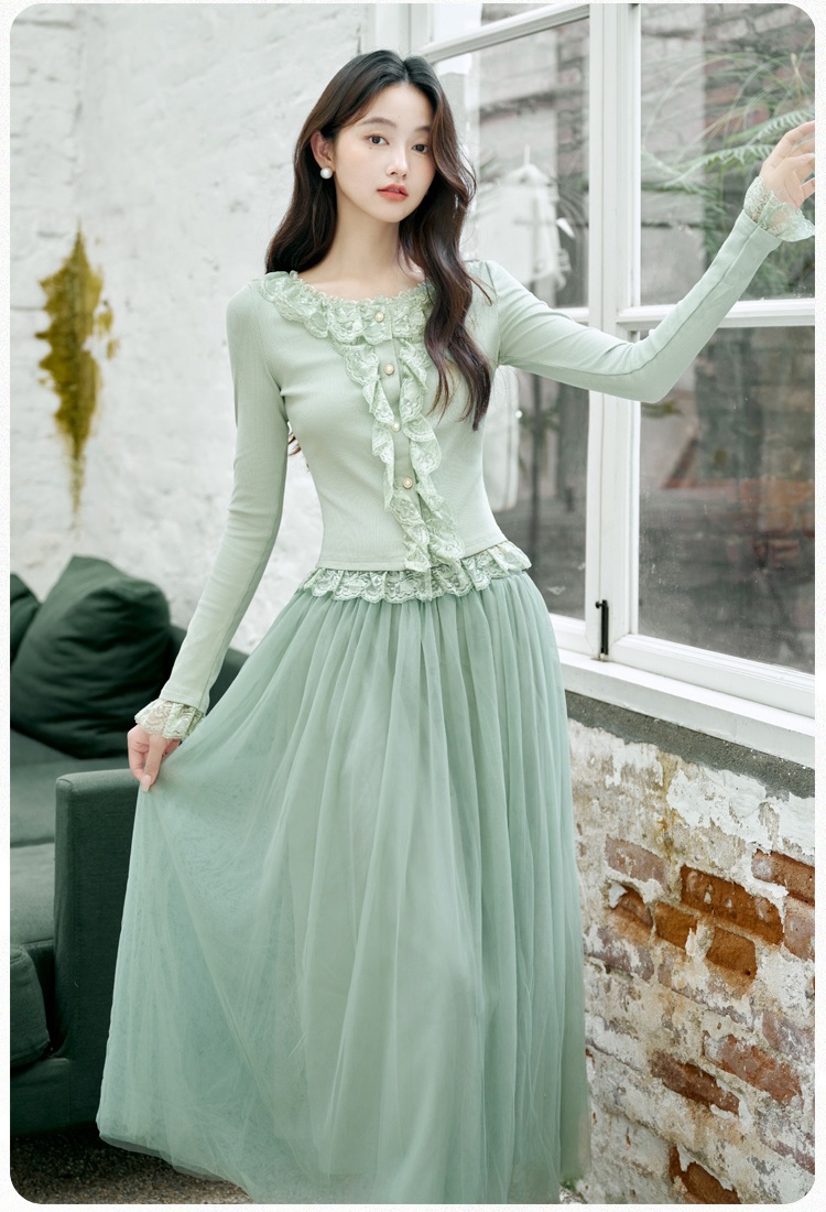 Lotus leaf edges lace France style splice skirt 2pcs set