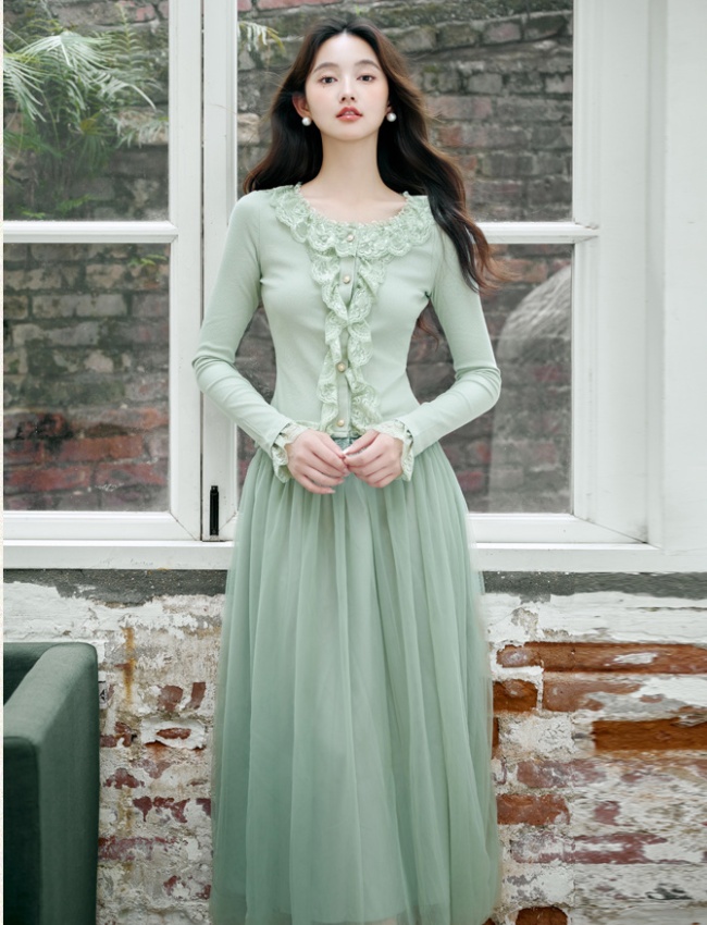 Lotus leaf edges lace France style splice skirt 2pcs set