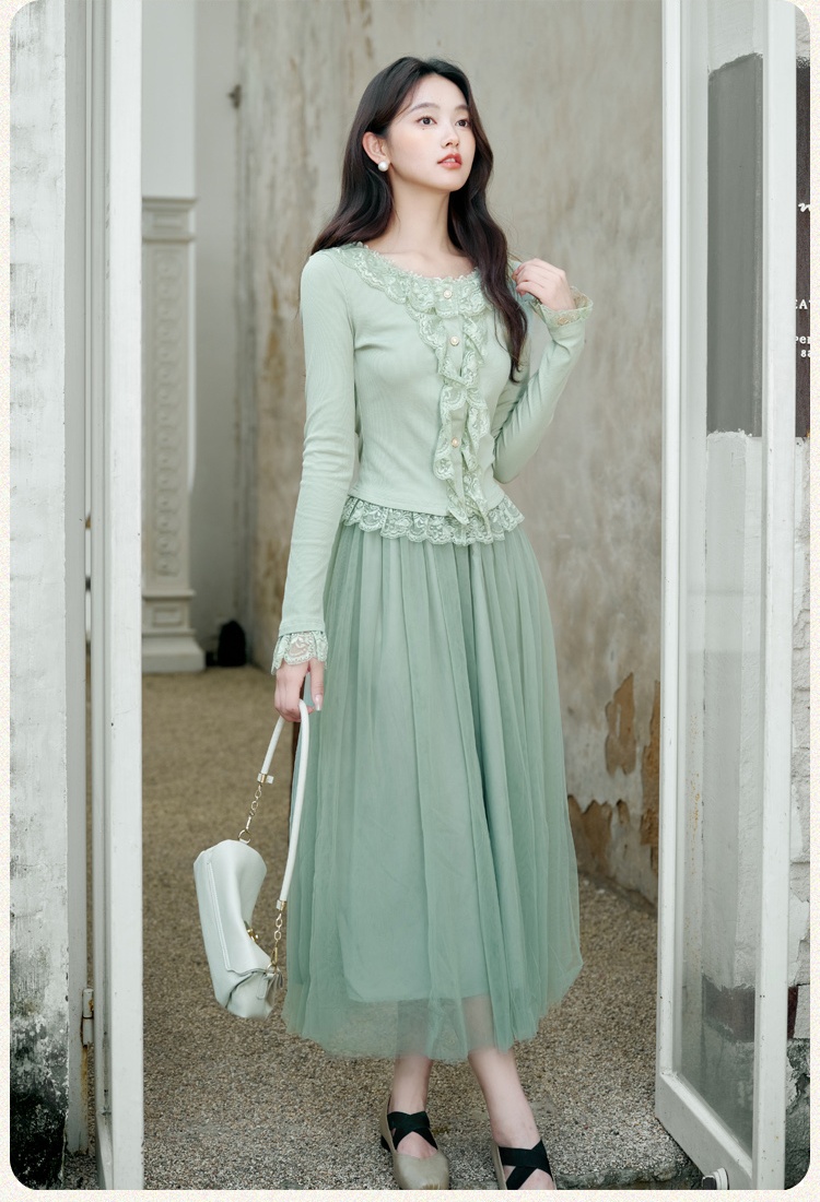 Lotus leaf edges lace France style splice skirt 2pcs set