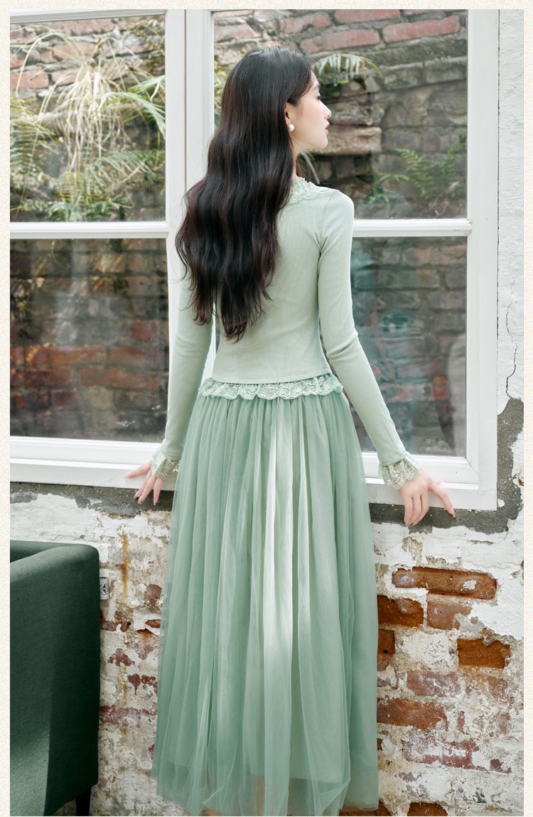 Lotus leaf edges lace France style splice skirt 2pcs set