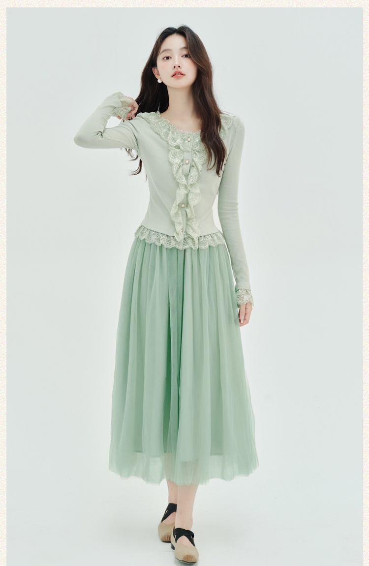 Lotus leaf edges lace France style splice skirt 2pcs set