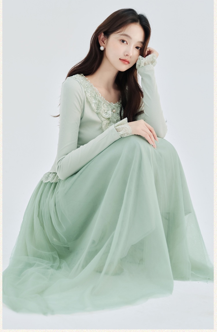 Lotus leaf edges lace France style splice skirt 2pcs set