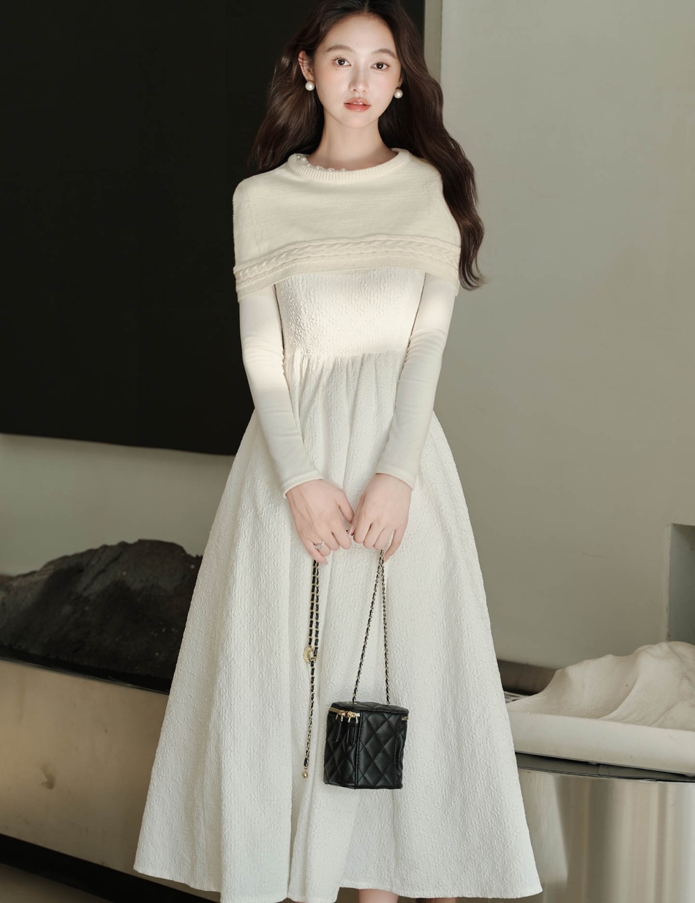 White splice dress knitted shawl 2pcs set