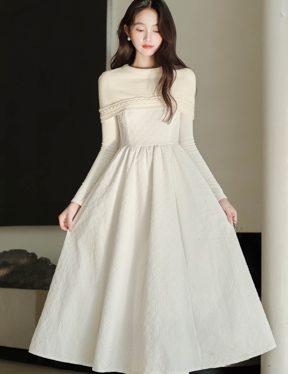 White splice dress knitted shawl 2pcs set