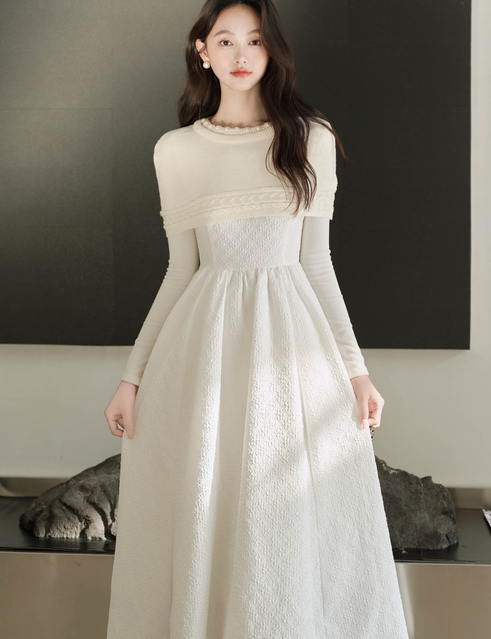 White splice dress knitted shawl 2pcs set