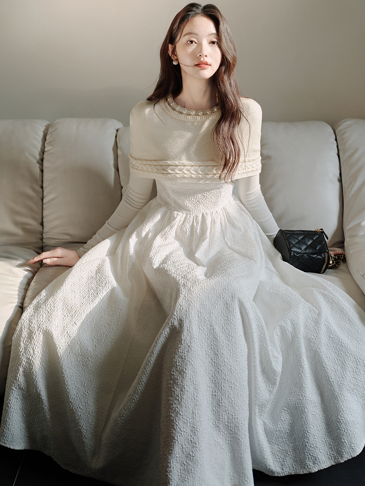 White splice dress knitted shawl 2pcs set