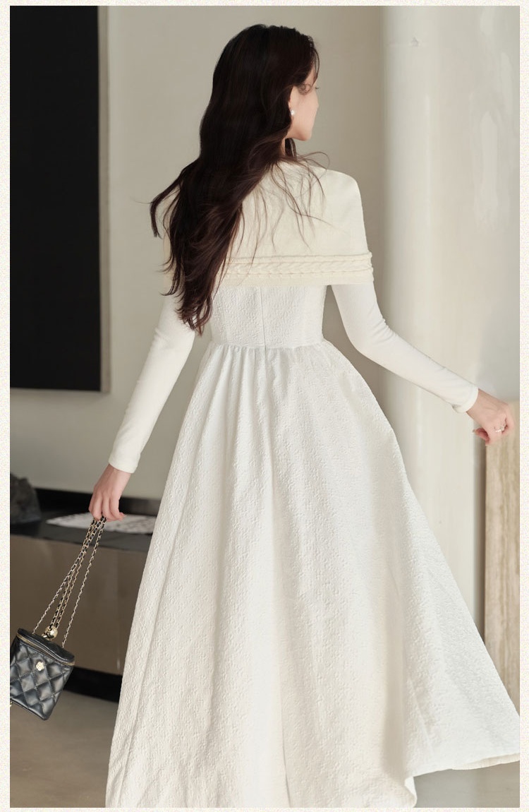 White splice dress knitted shawl 2pcs set