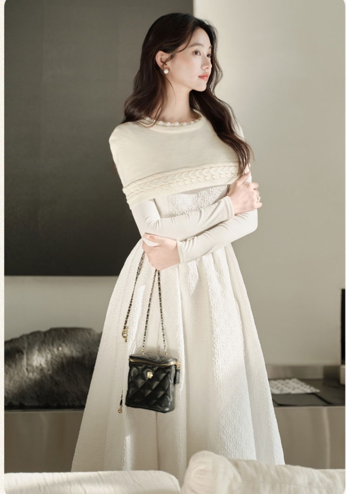 White splice dress knitted shawl 2pcs set