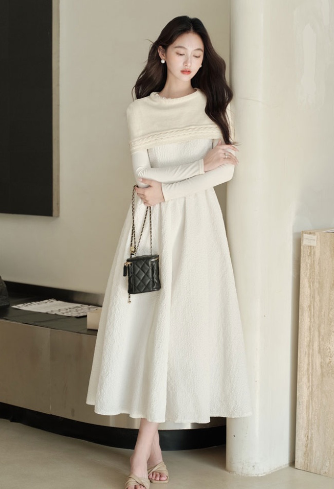 White splice dress knitted shawl 2pcs set