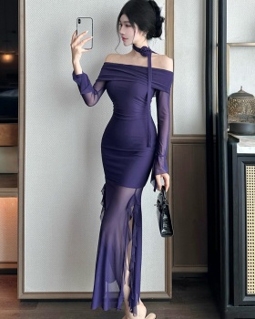 Lotus leaf edges split long dress long sleeve sexy dress