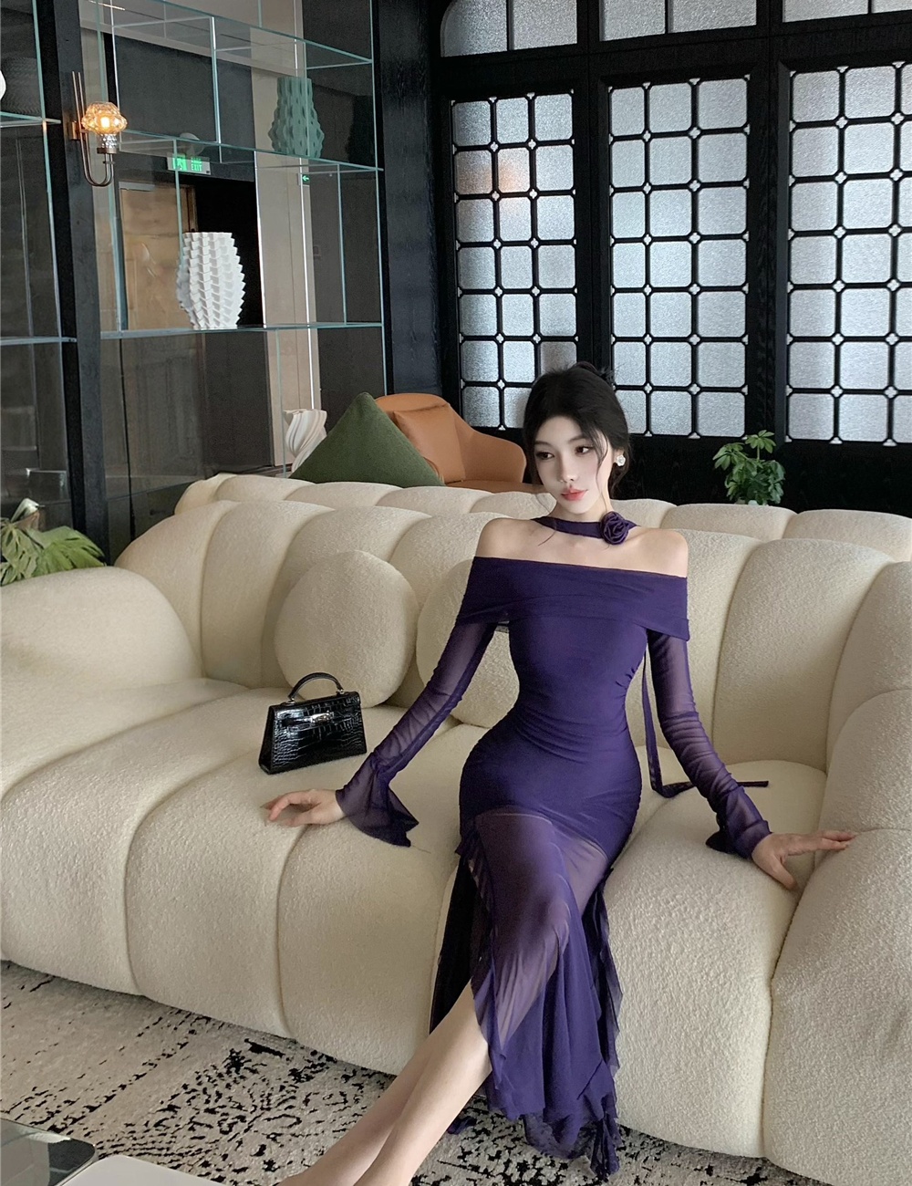Lotus leaf edges split long dress long sleeve sexy dress
