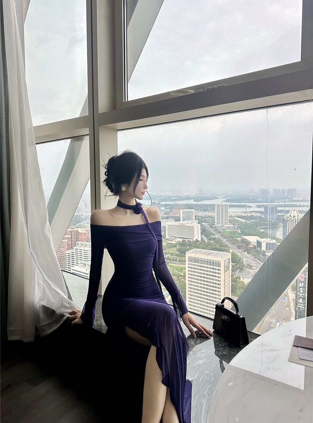 Lotus leaf edges split long dress long sleeve sexy dress