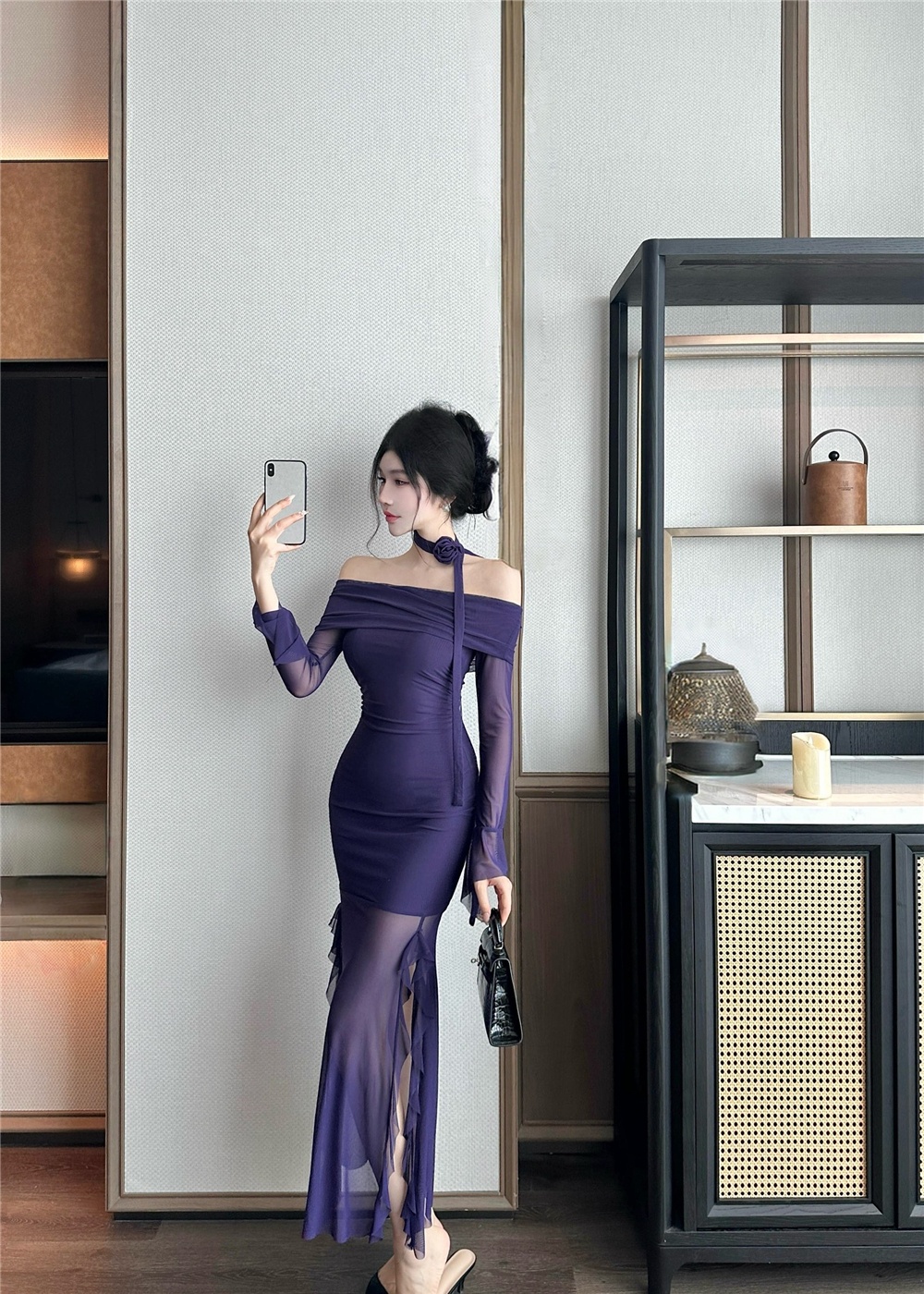 Lotus leaf edges split long dress long sleeve sexy dress
