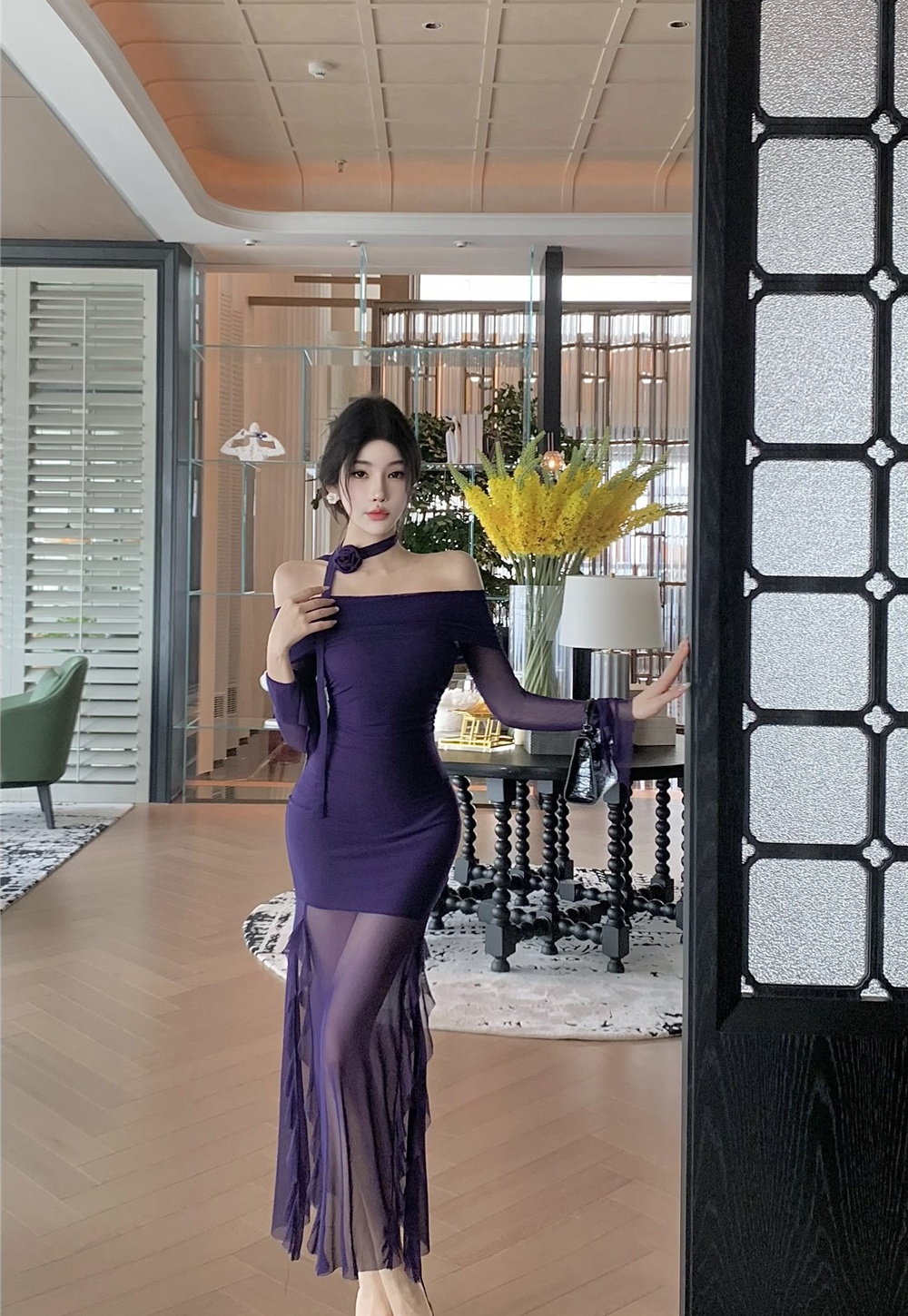 Lotus leaf edges split long dress long sleeve sexy dress