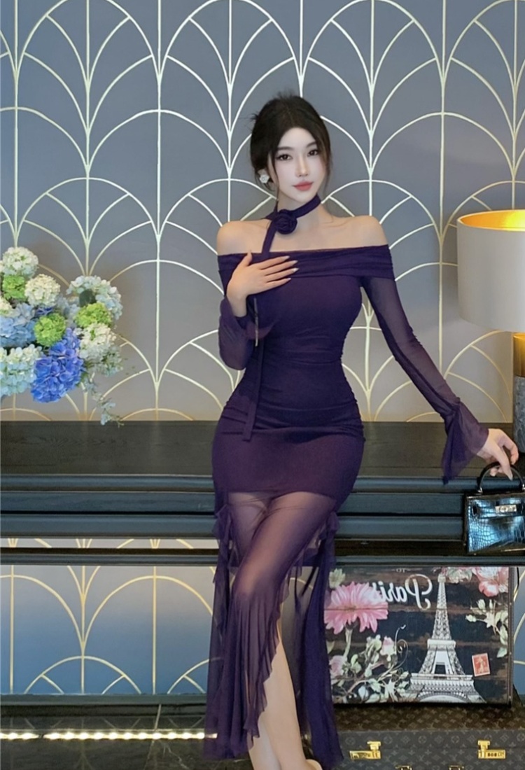 Lotus leaf edges split long dress long sleeve sexy dress