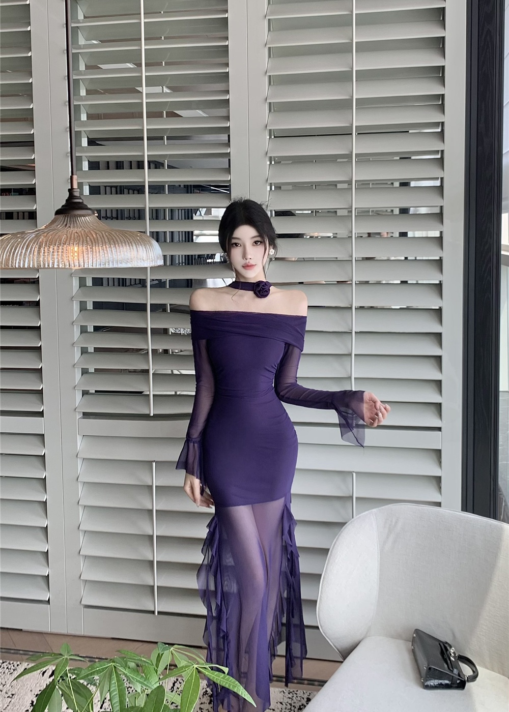 Lotus leaf edges split long dress long sleeve sexy dress