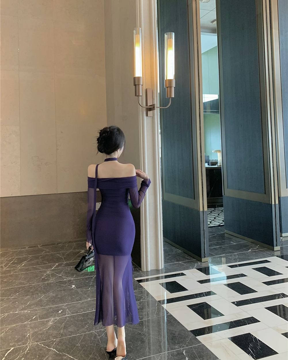 Lotus leaf edges split long dress long sleeve sexy dress