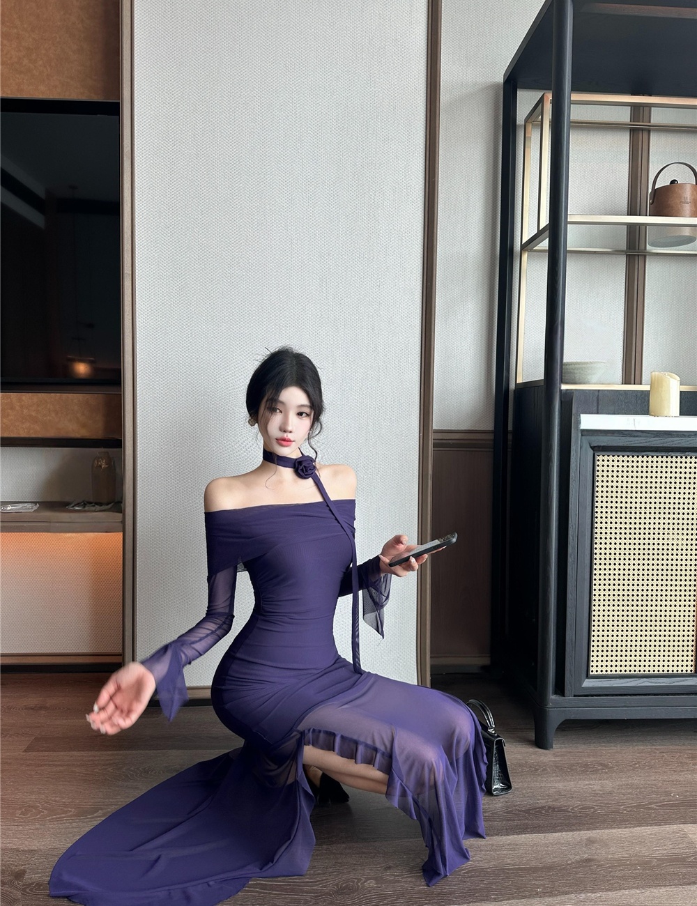 Lotus leaf edges split long dress long sleeve sexy dress