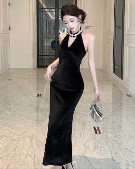Ladies France style velvet halter rhinestone evening dress