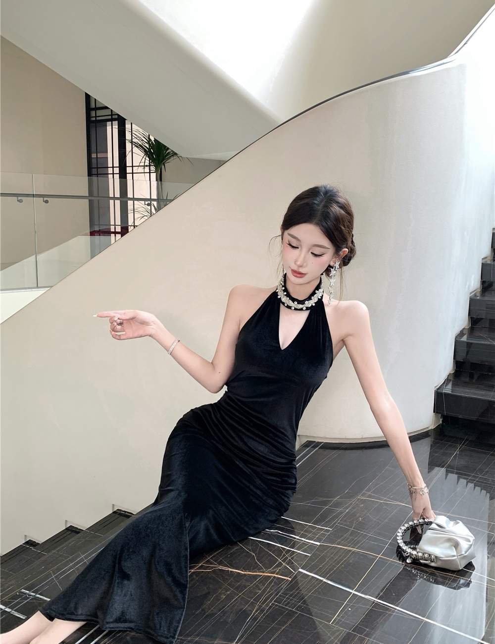 Ladies France style velvet halter rhinestone evening dress