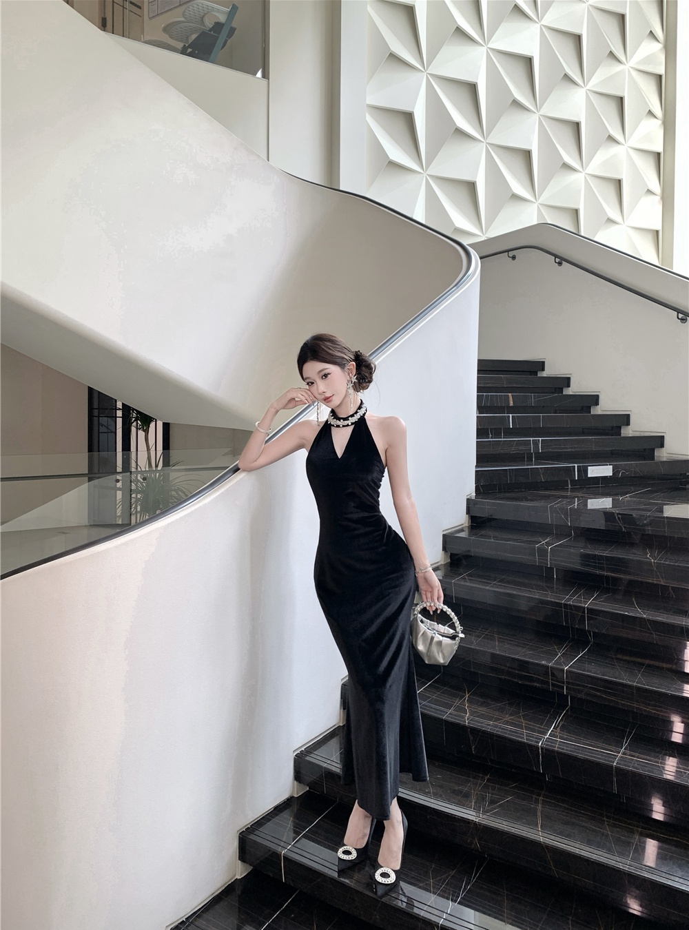 Ladies France style velvet halter rhinestone evening dress