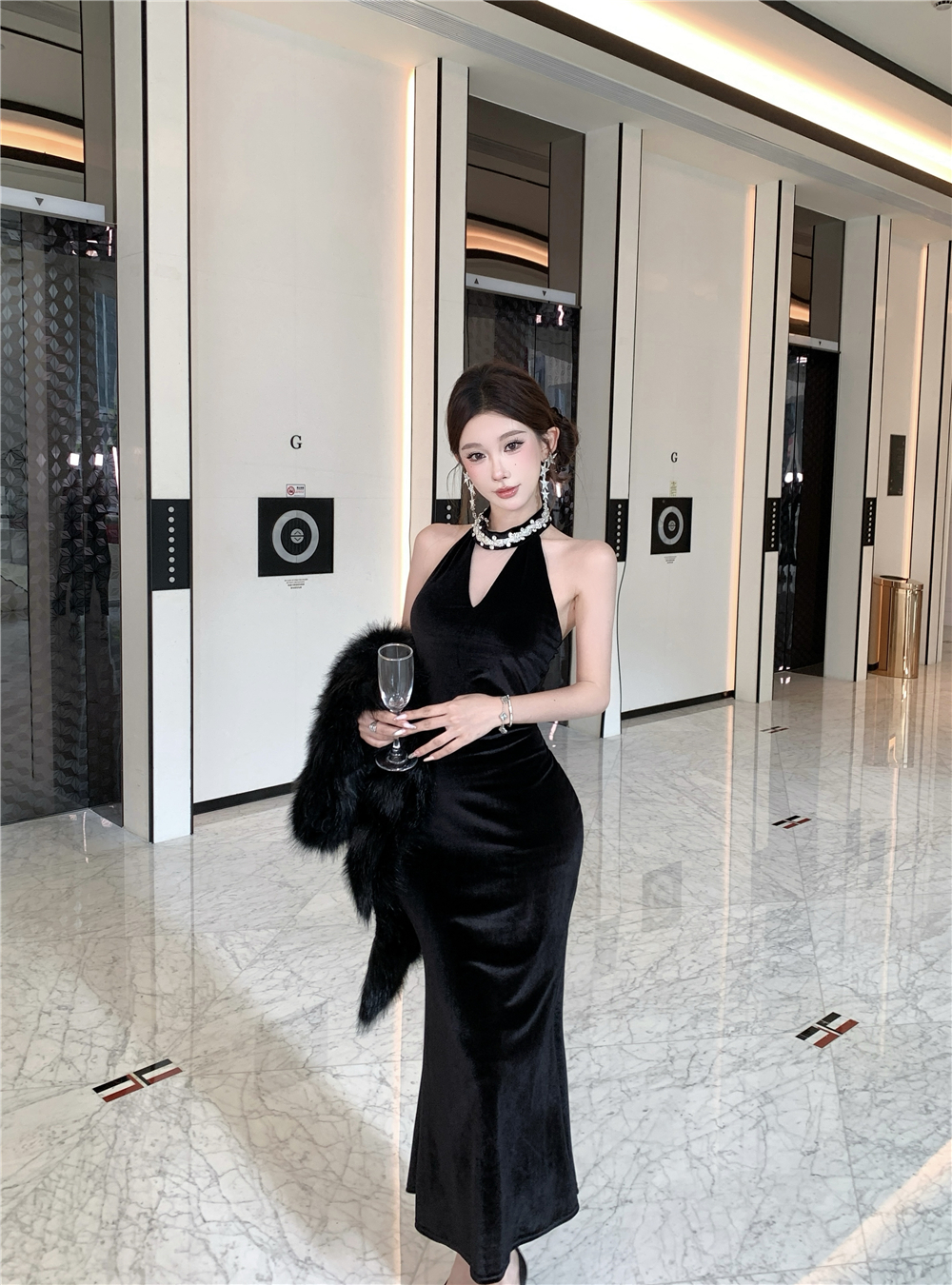 Ladies France style velvet halter rhinestone evening dress