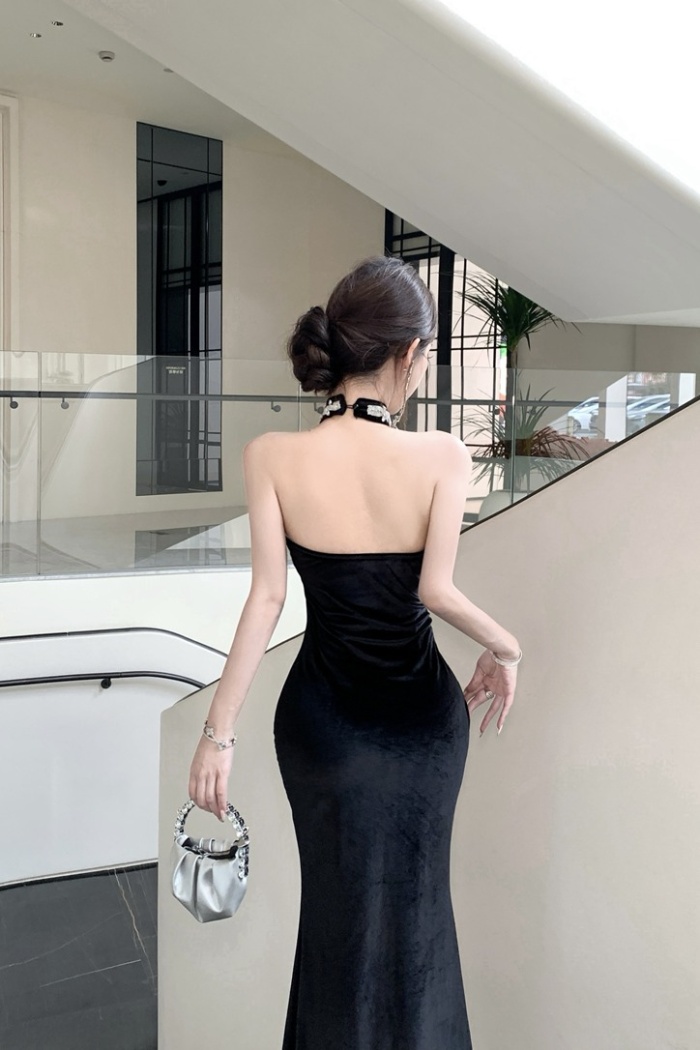Ladies France style velvet halter rhinestone evening dress