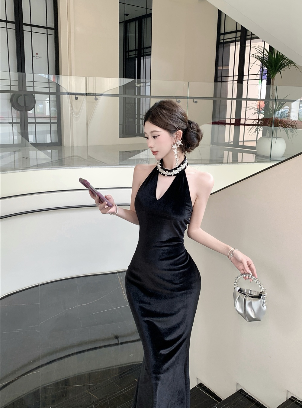 Ladies France style velvet halter rhinestone evening dress
