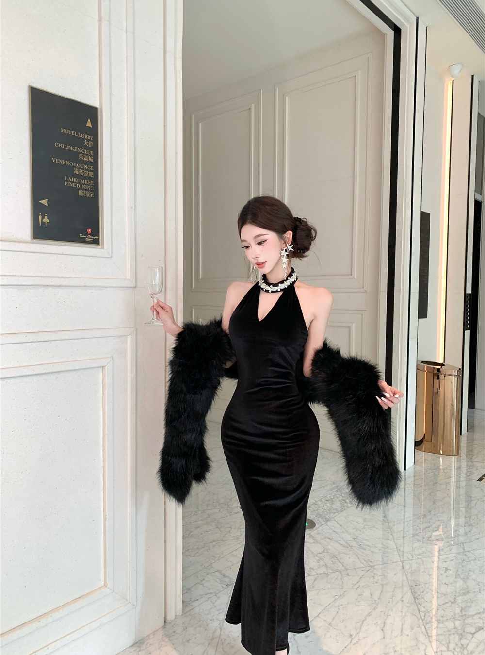 Ladies France style velvet halter rhinestone evening dress